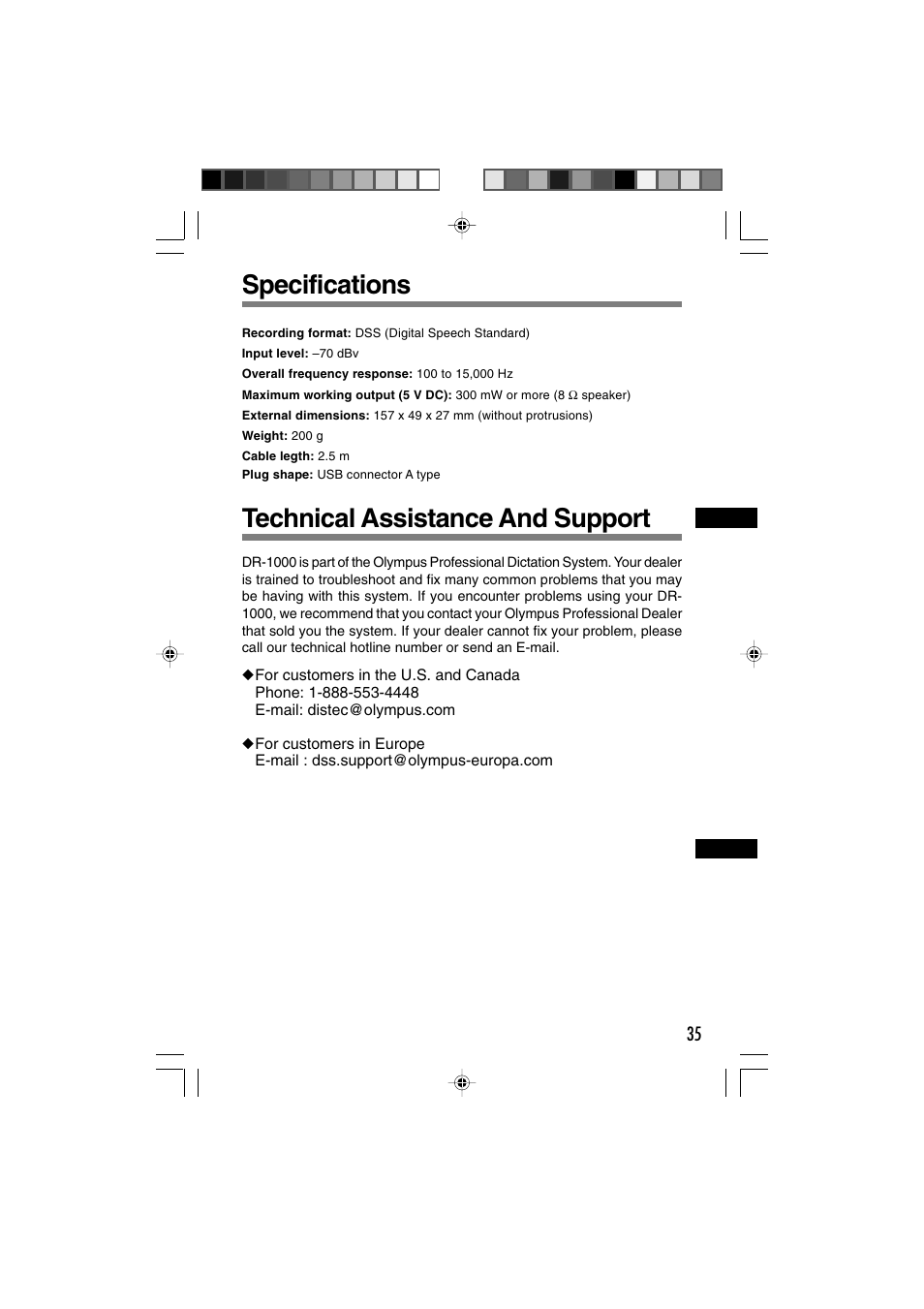 Specifications, Technical assistance and support | Olympus Directrec DR-1000 User Manual | Page 35 / 36