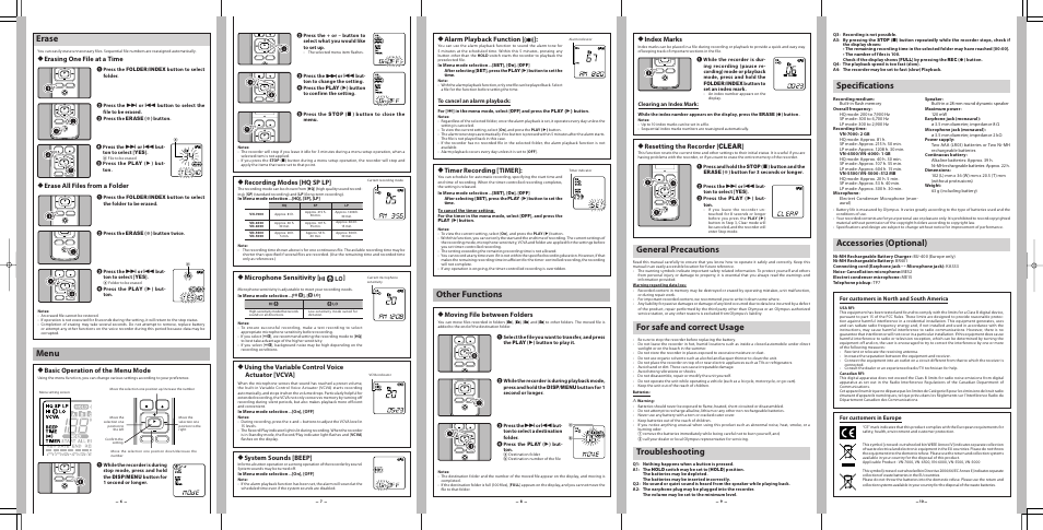Erase, Other functions, Menu | General precautions, For safe and correct usage, Troubleshooting, Specifications, Accessories (optional), H erase all files from a folder, H basic operation of the menu mode | Olympus VN 7000 User Manual | Page 2 / 2