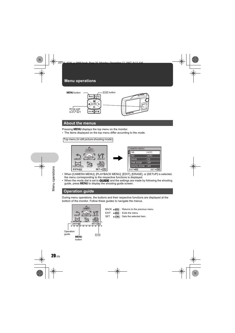 Menu operations, P.20, About the menus operation guide | Menu op erati ons | Olympus 1020 User Manual | Page 20 / 84