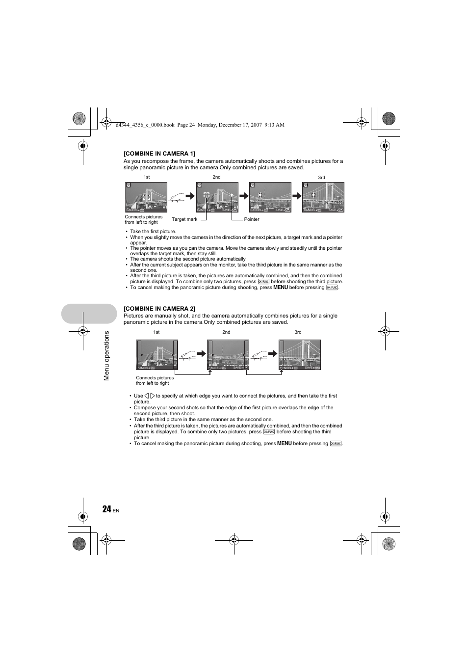 Menu op erati ons, Combine in camera 1, Combine in camera 2 | Olympus 1020 User Manual | Page 24 / 84