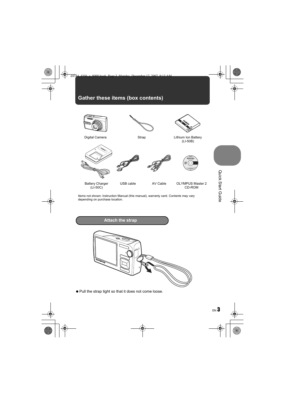 Quick start guide, 3gather these items (box contents) | Olympus 1020 User Manual | Page 3 / 84