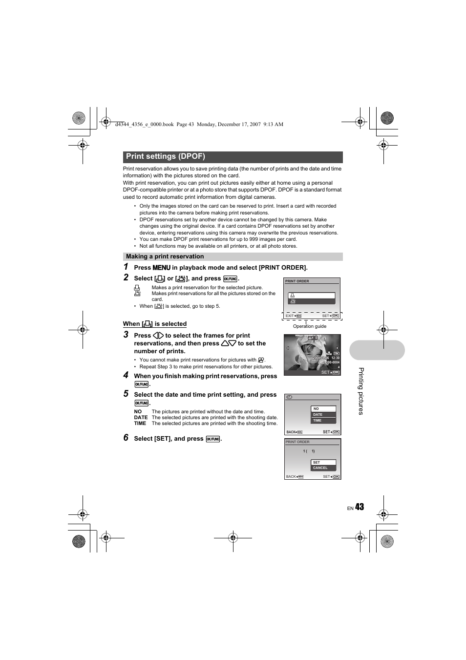G“print settings (dpof)” (p.43), Print settings (dpof) | Olympus 1020 User Manual | Page 43 / 84