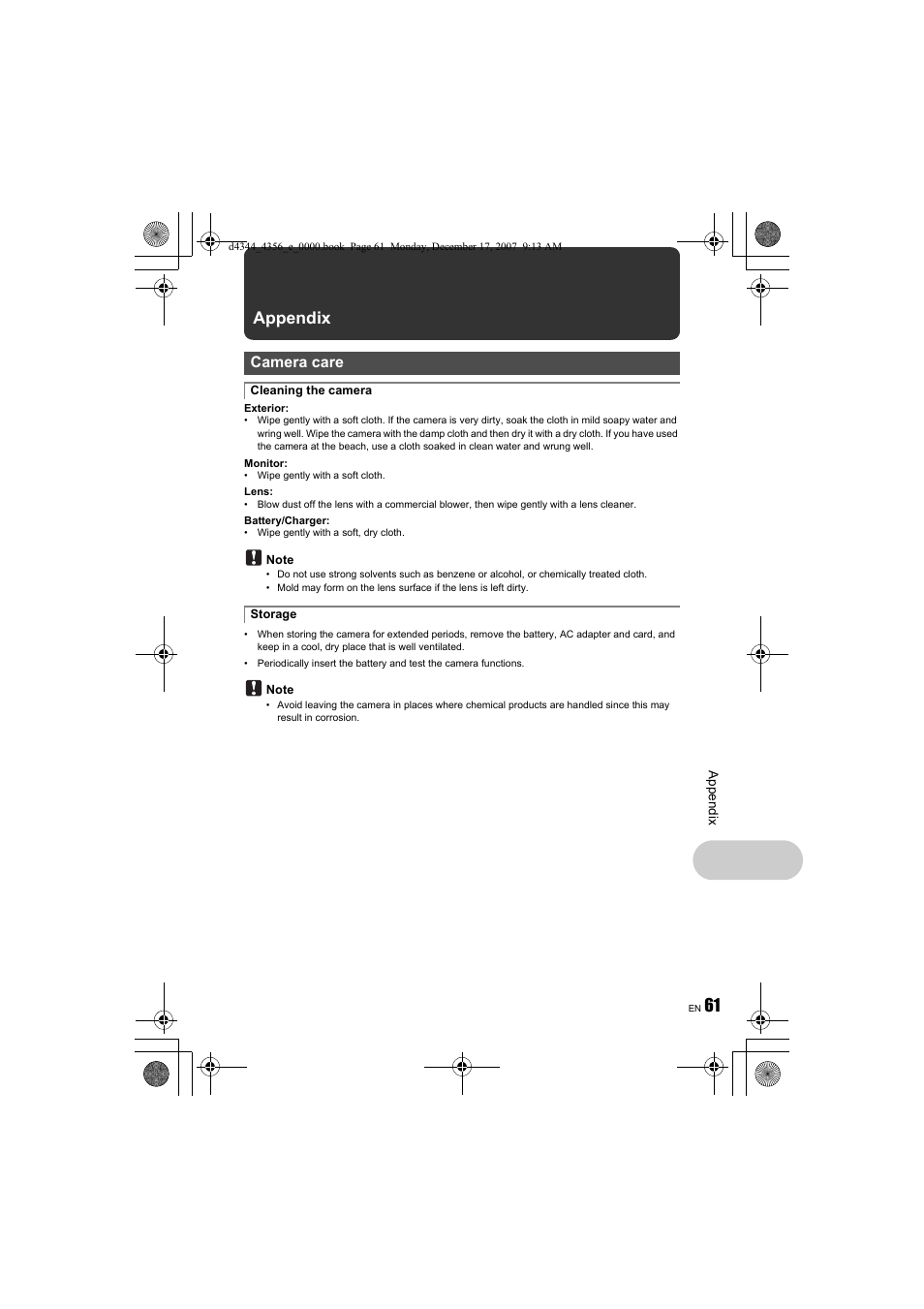 Appendix, P.61, 61 appendix | Camera care | Olympus 1020 User Manual | Page 61 / 84