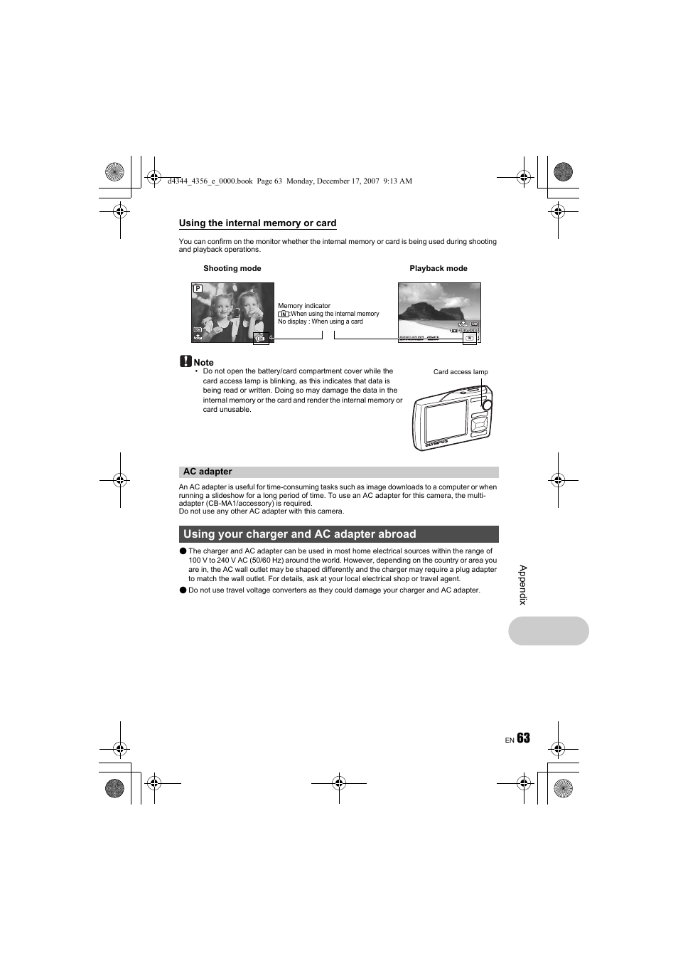 G“using the internal memory or card” (p.63), Using your charger and ac adapter abroad, Ap pend ix | Olympus 1020 User Manual | Page 63 / 84