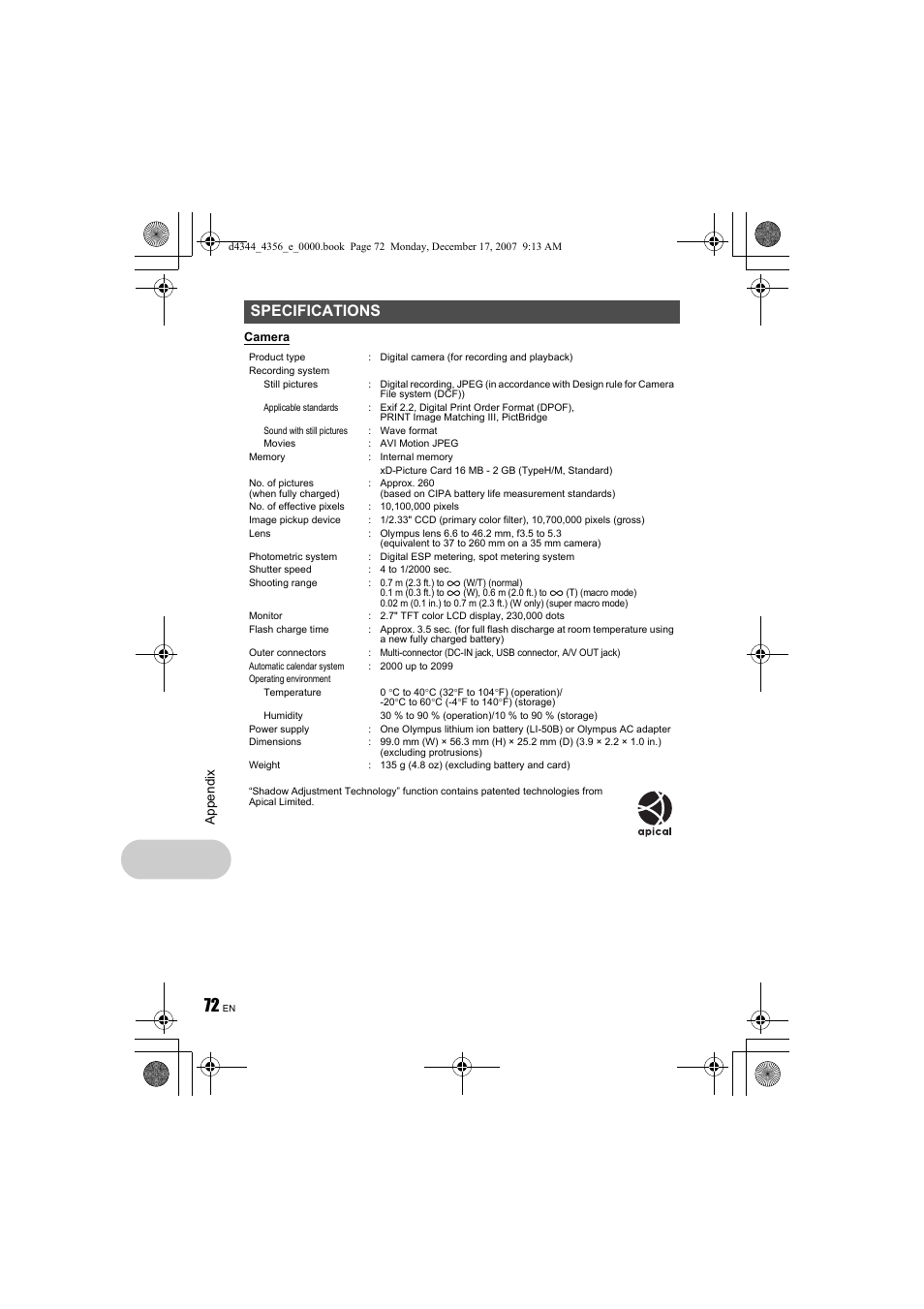 Specifications | Olympus 1020 User Manual | Page 72 / 84