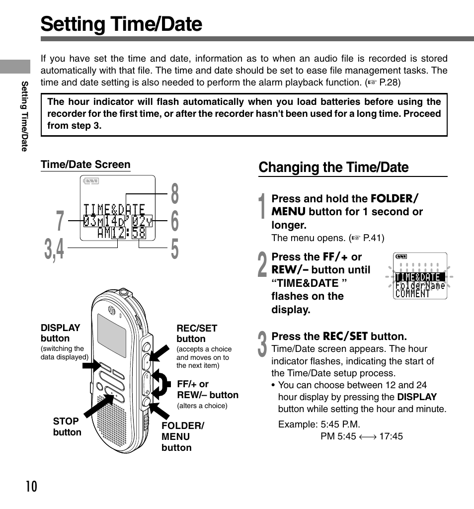 Setting time/date | Olympus DS-333 User Manual | Page 10 / 76