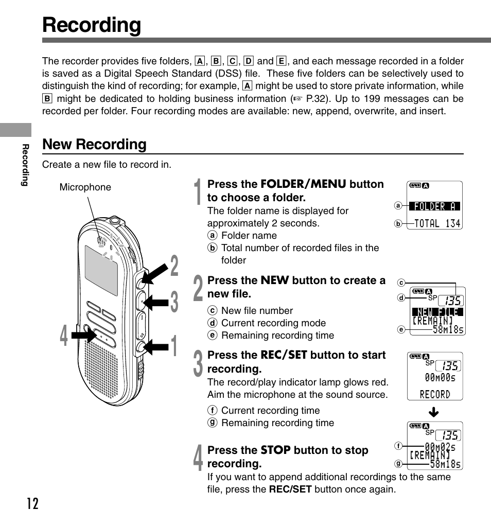Recording, New recording | Olympus DS-333 User Manual | Page 12 / 76