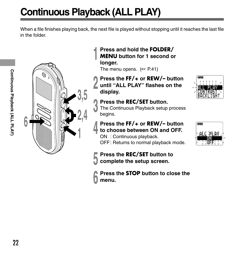 Continuous playback (all play) | Olympus DS-333 User Manual | Page 22 / 76