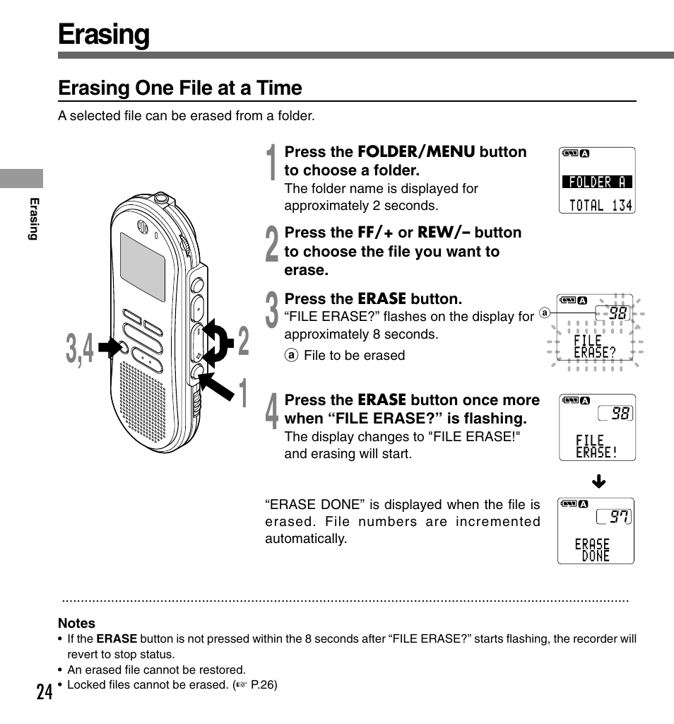 Erasing | Olympus DS-333 User Manual | Page 24 / 76