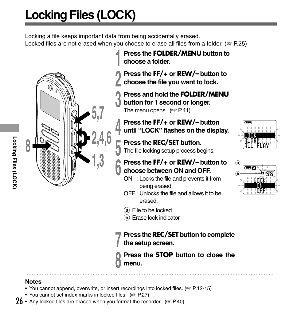 Locking files (lock) | Olympus DS-333 User Manual | Page 26 / 76