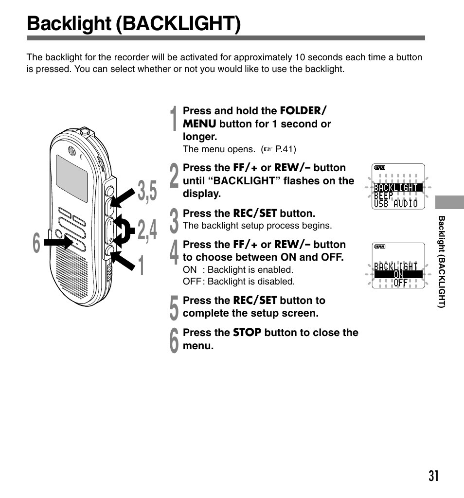 Backlight (backlight) | Olympus DS-333 User Manual | Page 31 / 76