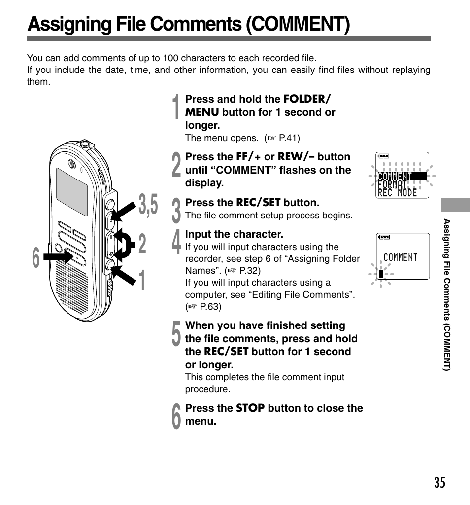 Assigning file comments (comment) | Olympus DS-333 User Manual | Page 35 / 76