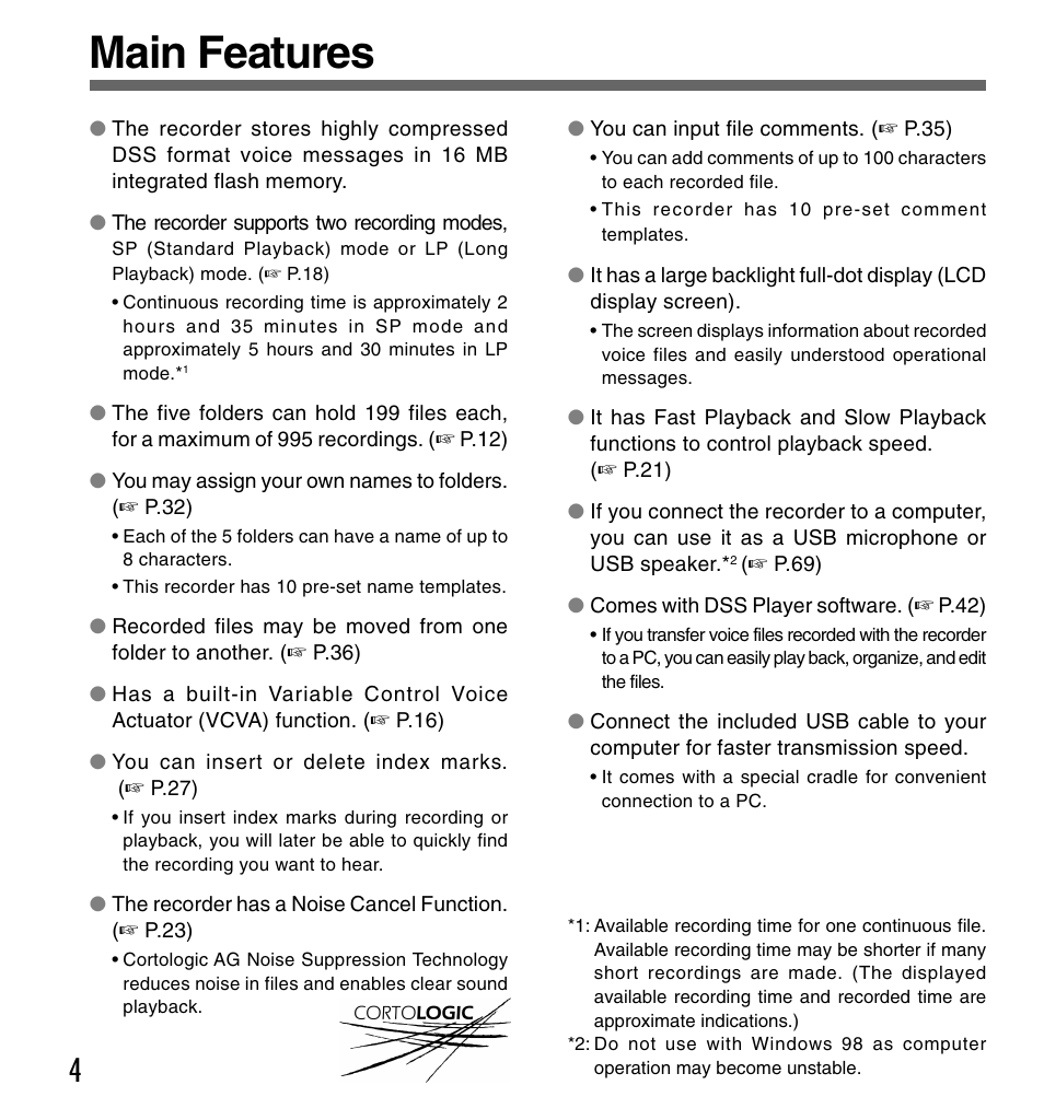 Main features | Olympus DS-333 User Manual | Page 4 / 76