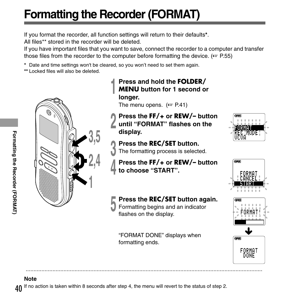 Formatting the recorder (format) | Olympus DS-333 User Manual | Page 40 / 76