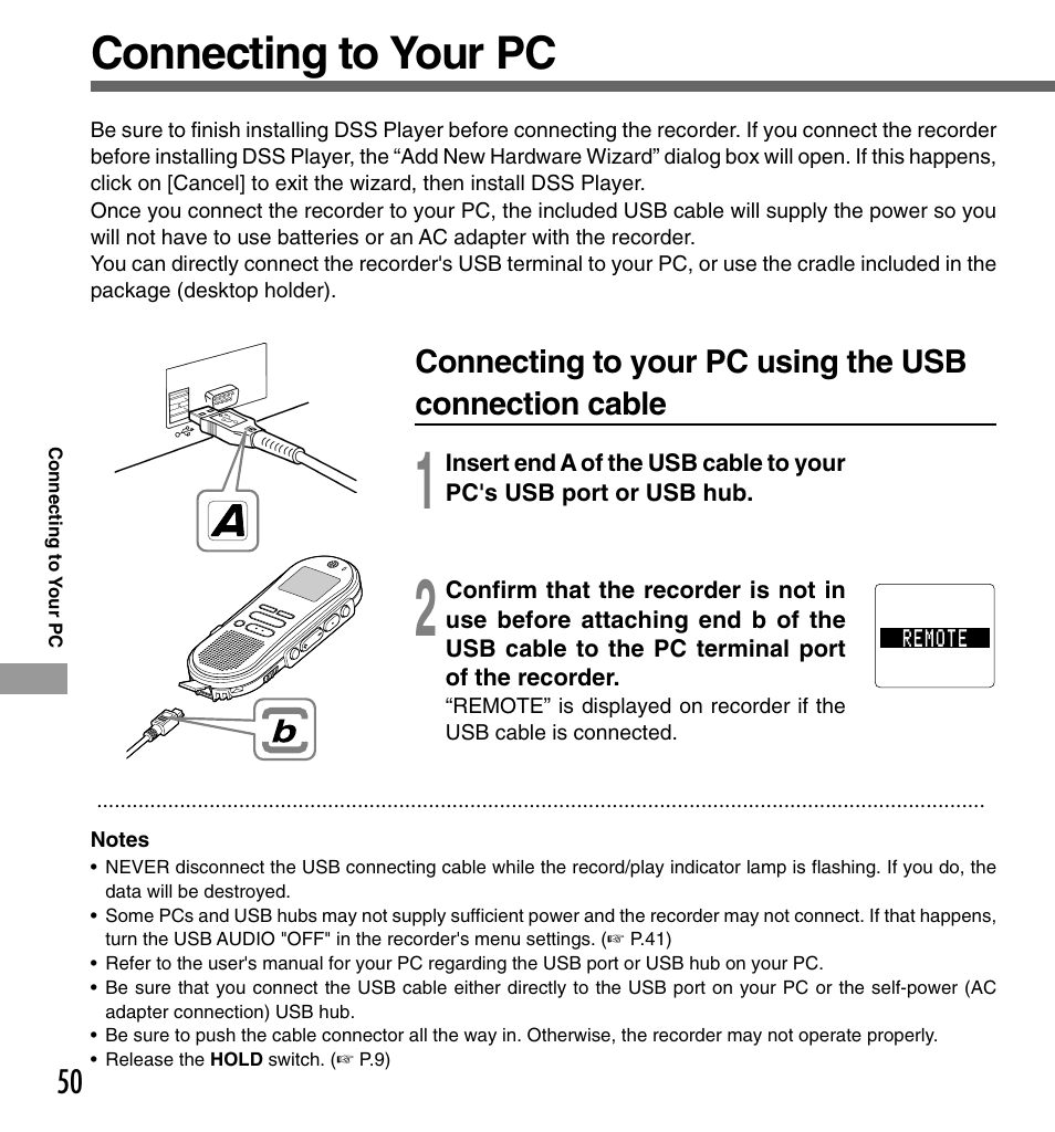 Connecting to your pc | Olympus DS-333 User Manual | Page 50 / 76