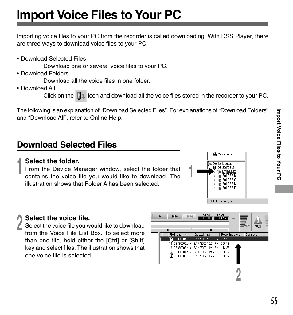 Import voice files to your pc | Olympus DS-333 User Manual | Page 55 / 76