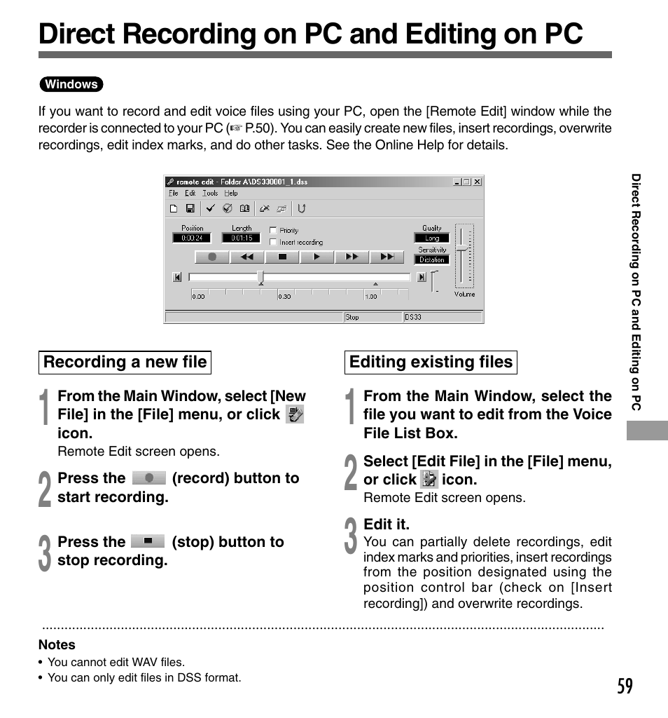 Direct recording on pc and editing on pc | Olympus DS-333 User Manual | Page 59 / 76