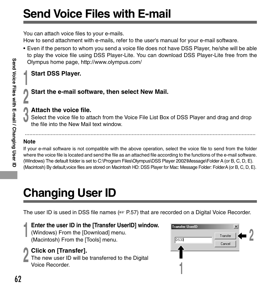 Changing user id, Send voice files with e-mail | Olympus DS-333 User Manual | Page 62 / 76