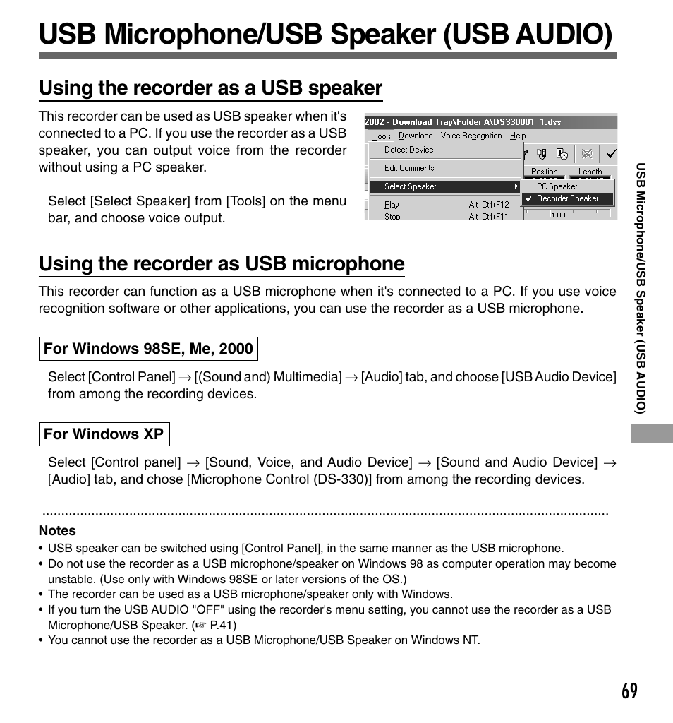 Usb microphone/usb speaker (usb audio), 69 using the recorder as a usb speaker, Using the recorder as usb microphone | Olympus DS-333 User Manual | Page 69 / 76