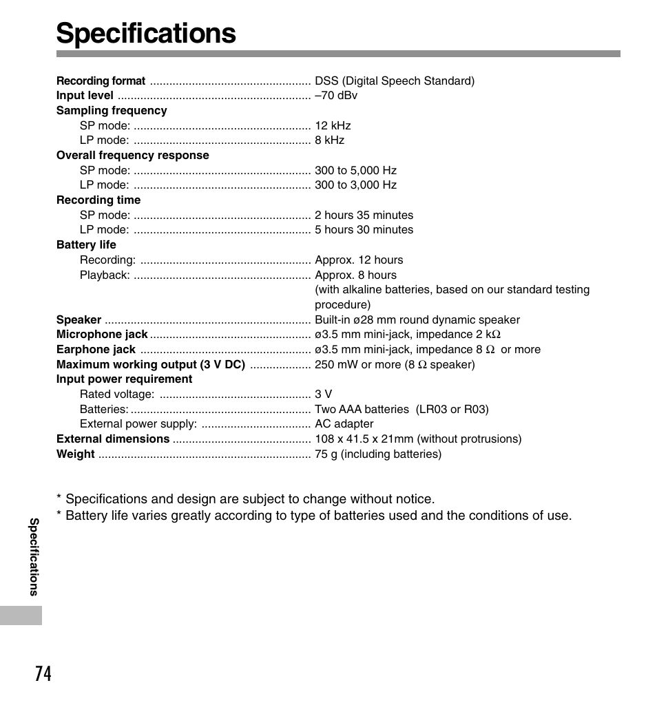 Specifications | Olympus DS-333 User Manual | Page 74 / 76