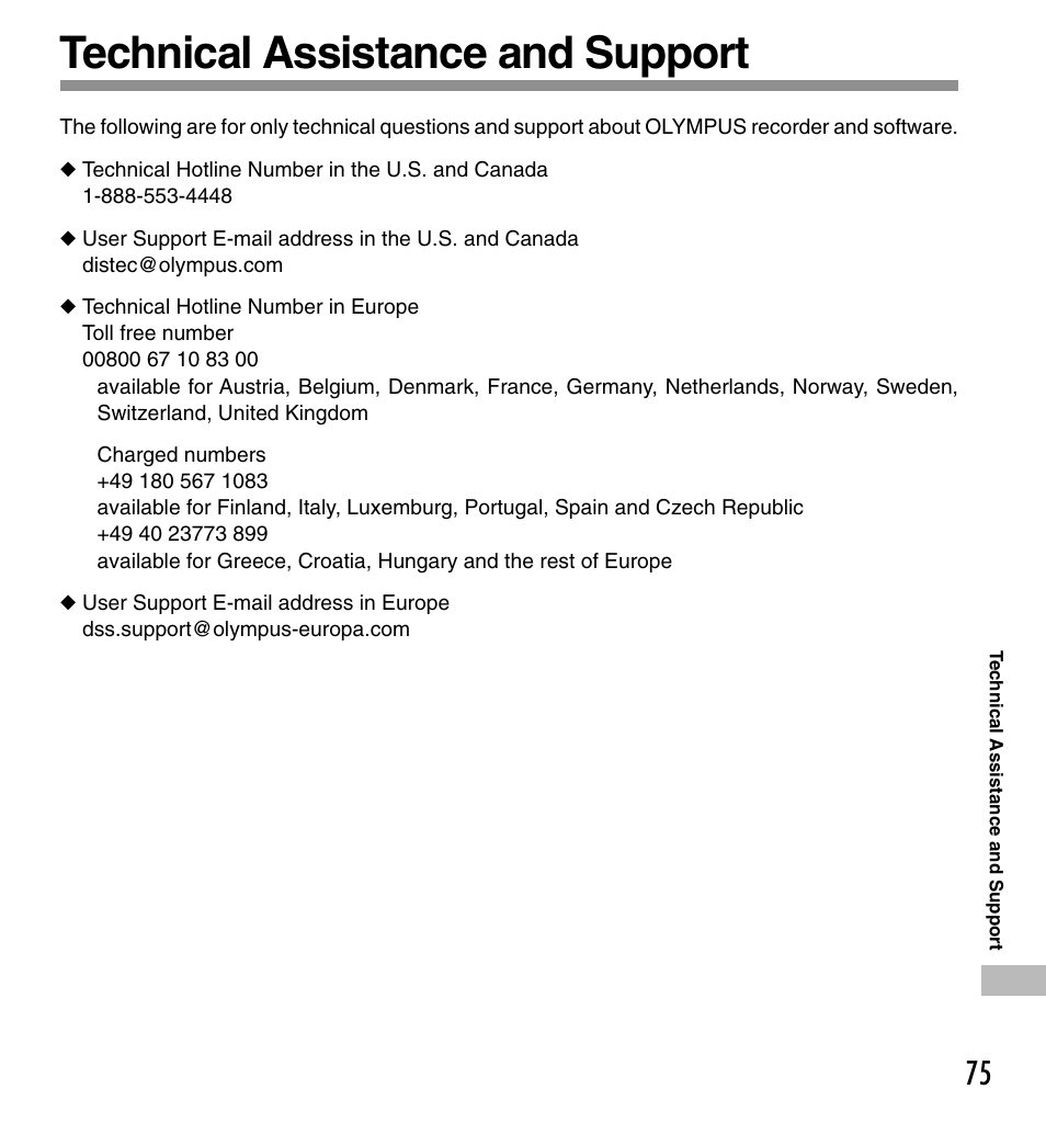 Technical assistance and support | Olympus DS-333 User Manual | Page 75 / 76