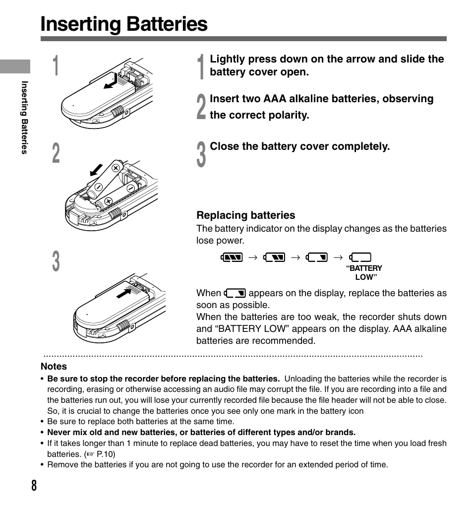 Inserting batteries | Olympus DS-333 User Manual | Page 8 / 76