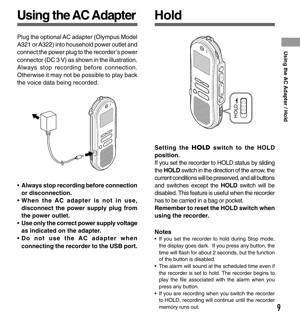 Using the ac adapter, Hold | Olympus DS-333 User Manual | Page 9 / 76