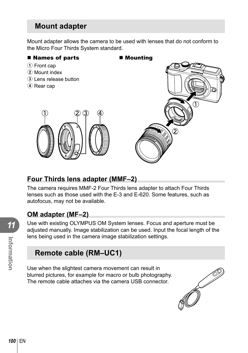 Mount adapter, Remote cable (rm–uc1), Four thirds lens adapter (mmf–2) | Om adapter (mf–2) | Olympus E-PL2 User Manual | Page 100 / 124