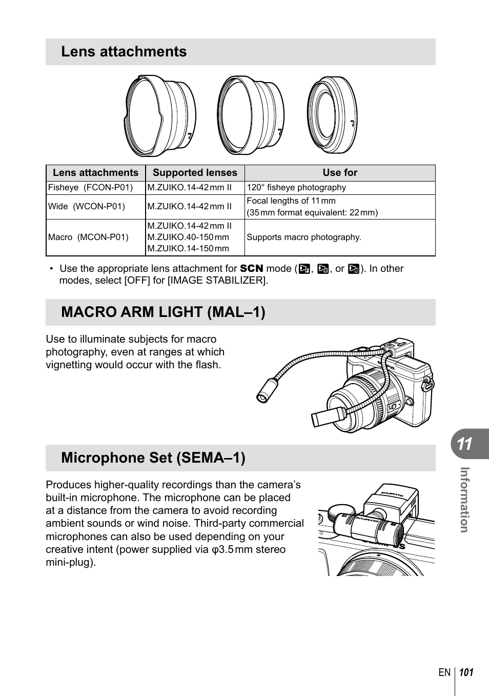 Lens attachments, Macro arm light (mal–1), Microphone set (sema–1) | Information | Olympus E-PL2 User Manual | Page 101 / 124