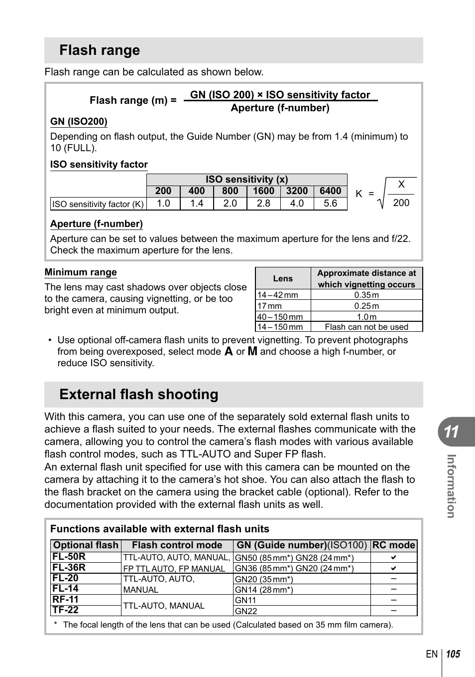 Flash range, External fl ash shooting, Information | Olympus E-PL2 User Manual | Page 105 / 124