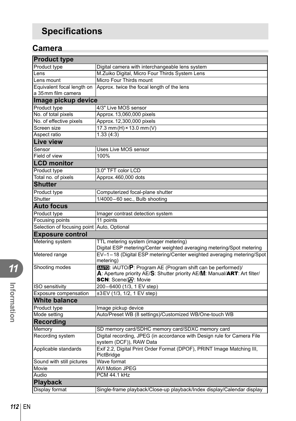 Specifi cations, Camera, Information | 112 en, Product type, Image pickup device, Live view, Lcd monitor, Shutter, Auto focus | Olympus E-PL2 User Manual | Page 112 / 124
