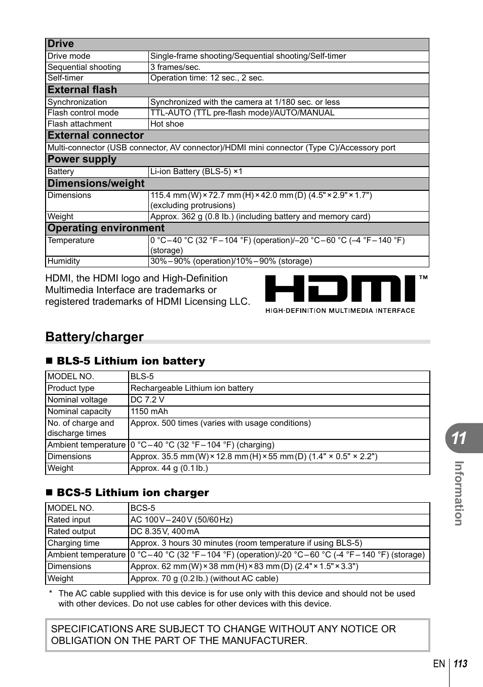 Battery/charger, Information, 113 en | Drive, External fl ash, External connector, Power supply, Dimensions/weight, Operating environment, Bls-5 lithium ion battery | Olympus E-PL2 User Manual | Page 113 / 124