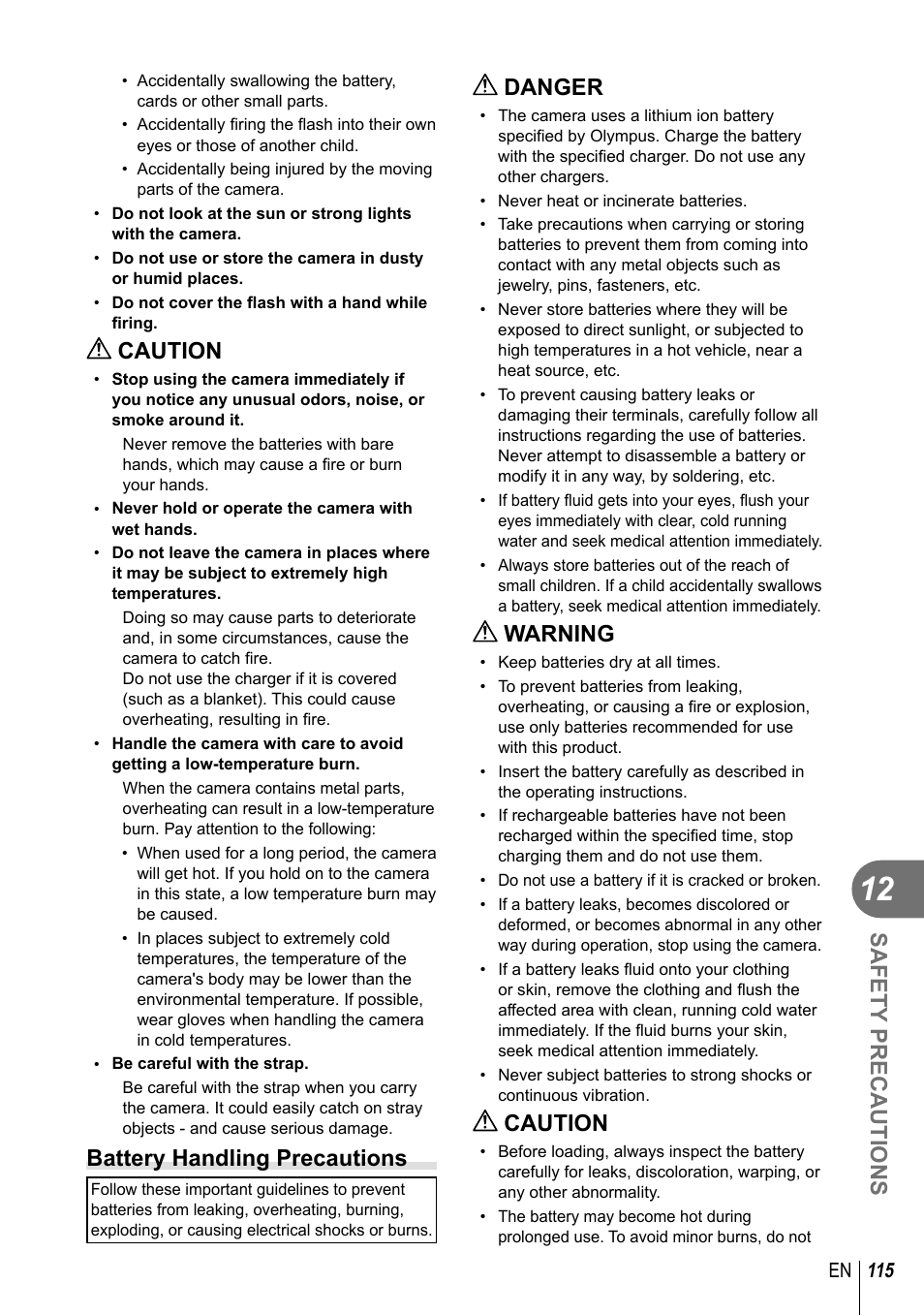 Safety precautions, Caution, Battery handling precautions | Danger, Warning | Olympus E-PL2 User Manual | Page 115 / 124