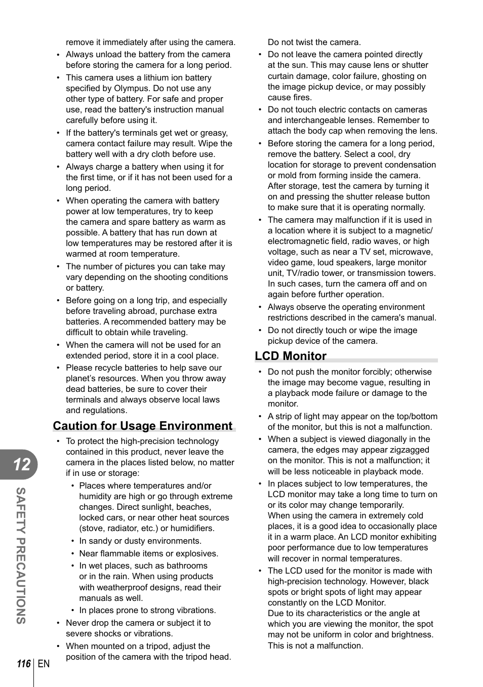 Safety precautions, Caution for usage environment, Lcd monitor | Olympus E-PL2 User Manual | Page 116 / 124