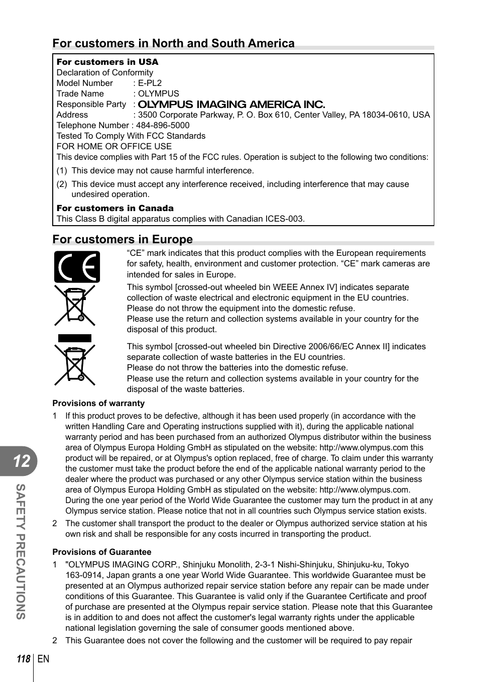 Safety precautions, For customers in north and south america, For customers in europe | Olympus E-PL2 User Manual | Page 118 / 124