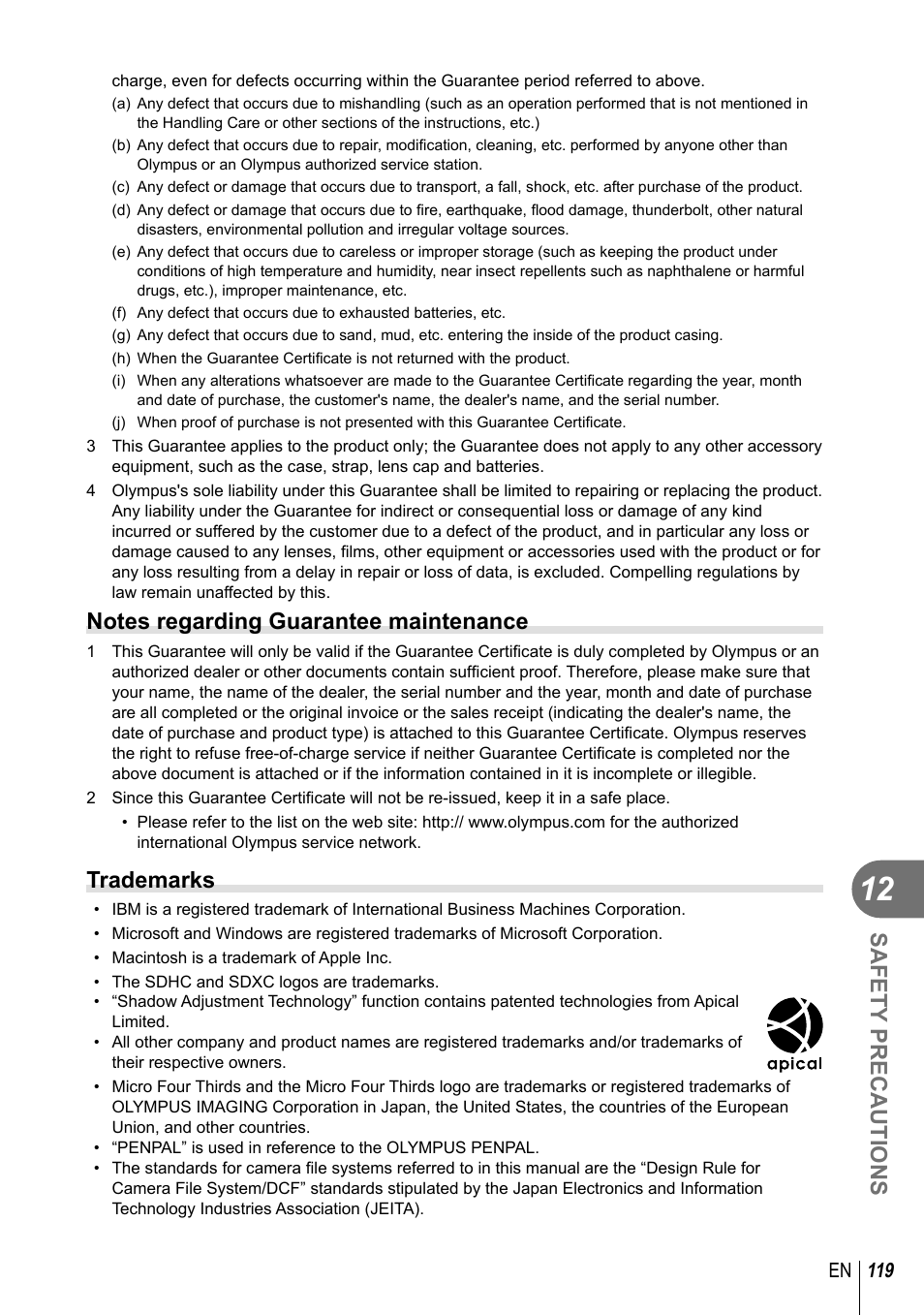 Safety precautions, Trademarks | Olympus E-PL2 User Manual | Page 119 / 124