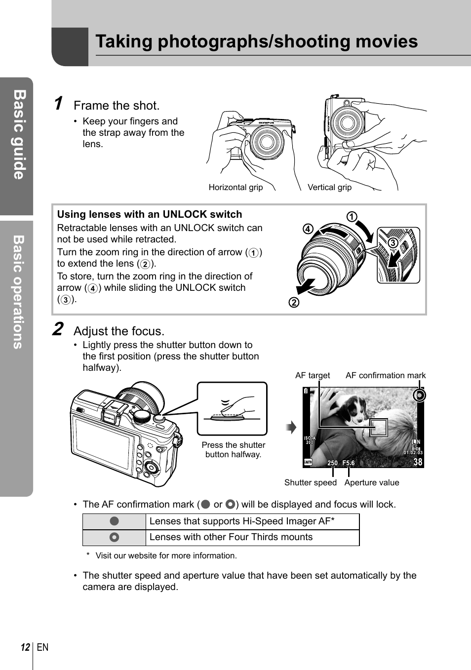 Taking photographs/shooting movies, Basic guide, Basic operations | Frame the shot, Adjust the focus | Olympus E-PL2 User Manual | Page 12 / 124