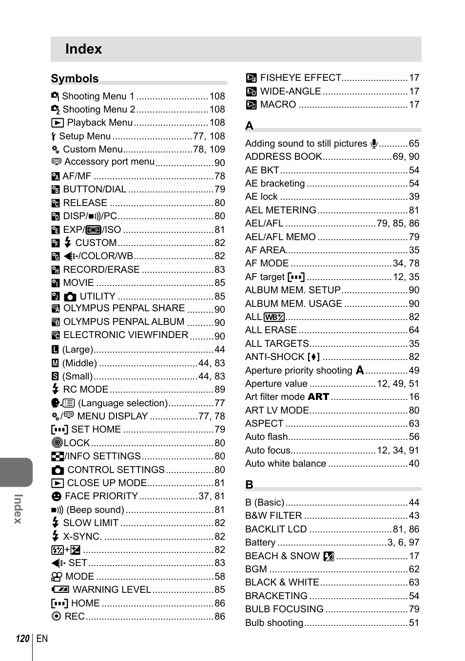 Index | Olympus E-PL2 User Manual | Page 120 / 124