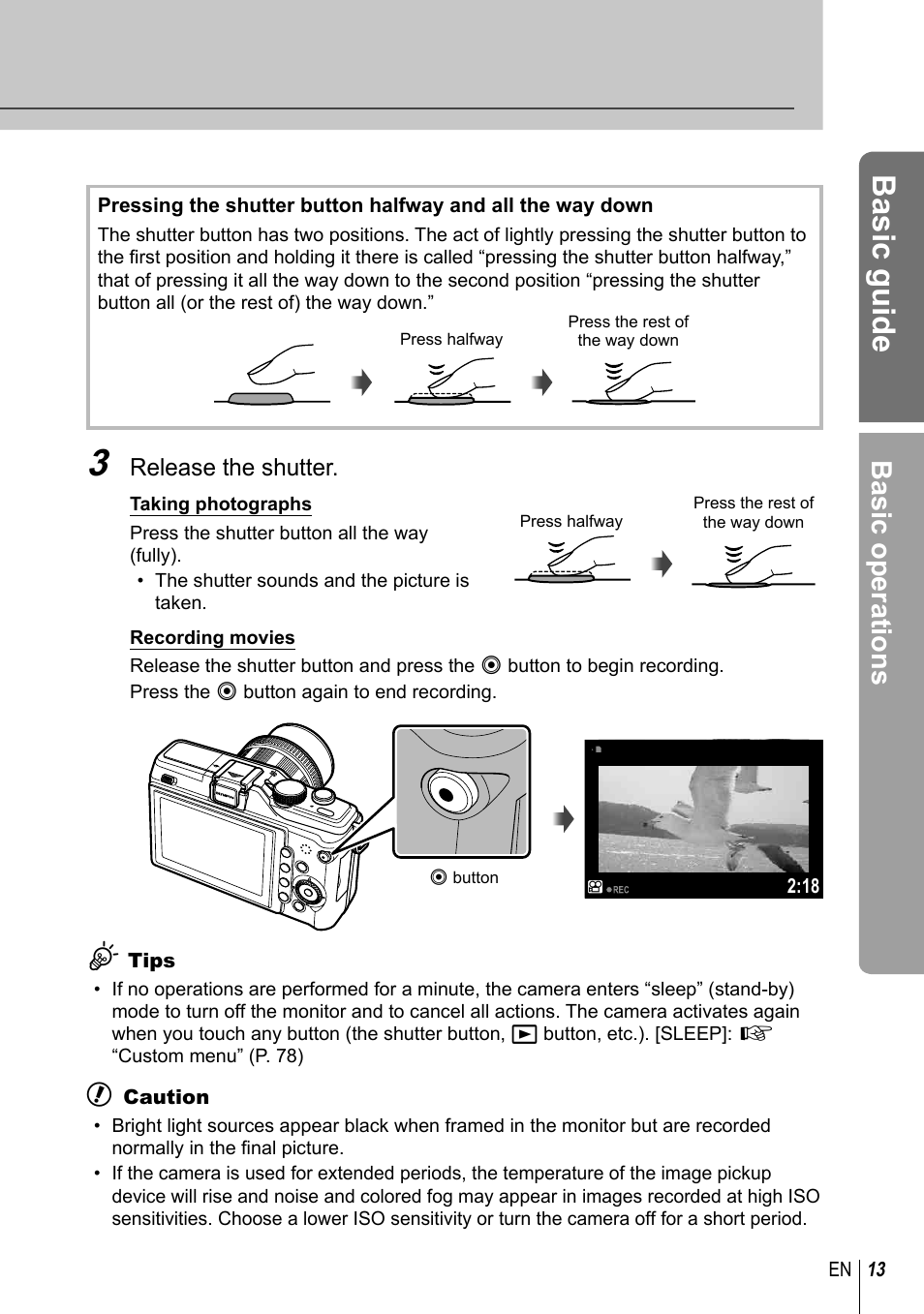 Basic guide, Basic operations, Release the shutter | Olympus E-PL2 User Manual | Page 13 / 124