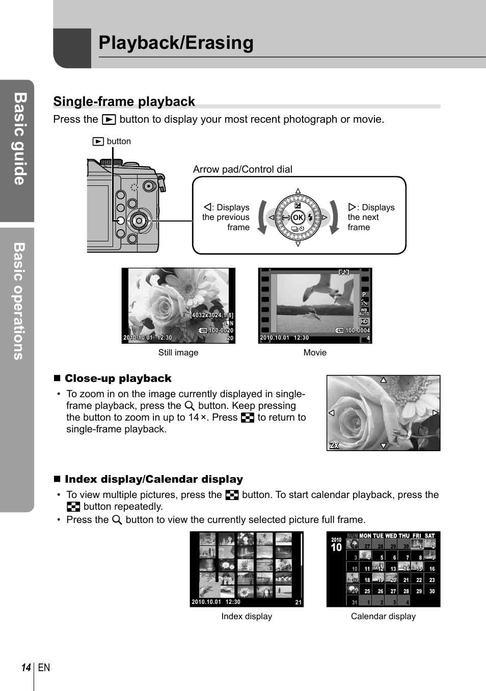 Playback/erasing, Basic guide, Basic operations | Single-frame playback, 14 en, Close-up playback, Index display/calendar display | Olympus E-PL2 User Manual | Page 14 / 124