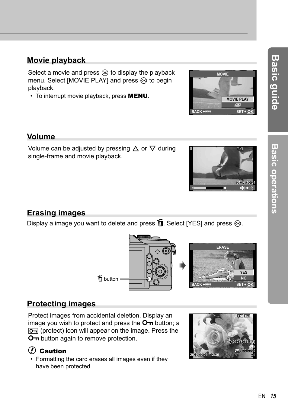 Basic guide, Basic operations, Movie playback | Volume, Erasing images, Protecting images | Olympus E-PL2 User Manual | Page 15 / 124