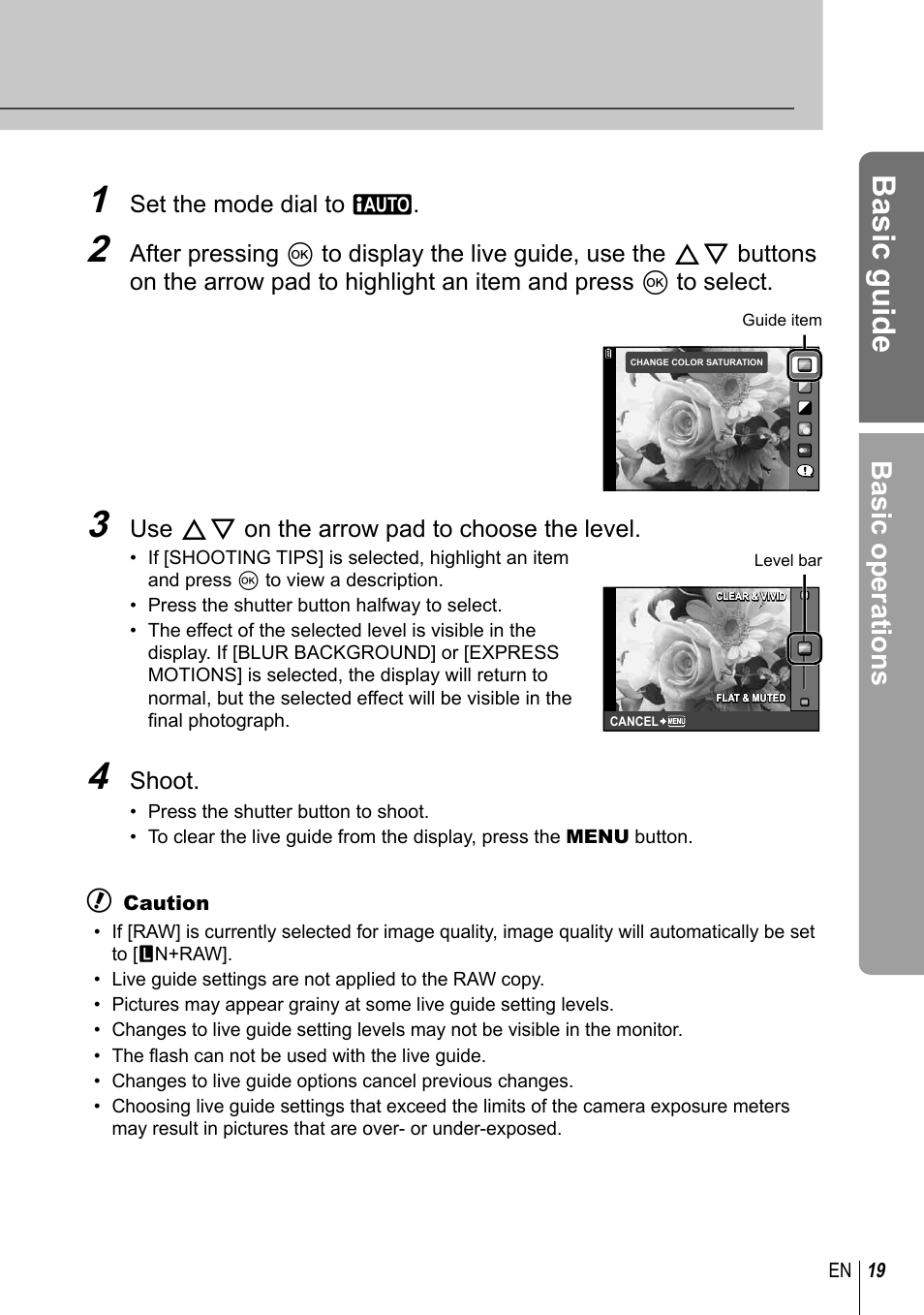 Basic guide, Basic operations | Olympus E-PL2 User Manual | Page 19 / 124