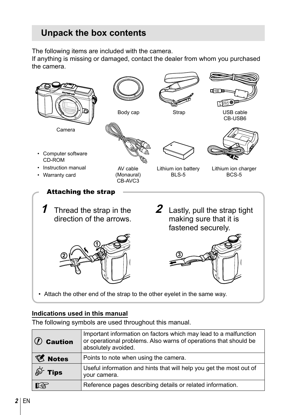 Unpack the box contents | Olympus E-PL2 User Manual | Page 2 / 124