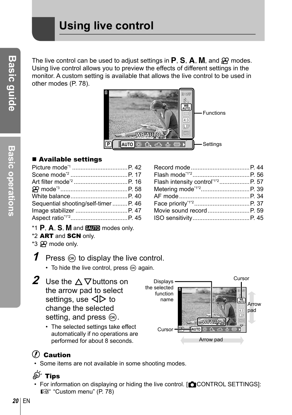 Using live control, Basic guide, Basic operations | Press q to display the live control | Olympus E-PL2 User Manual | Page 20 / 124