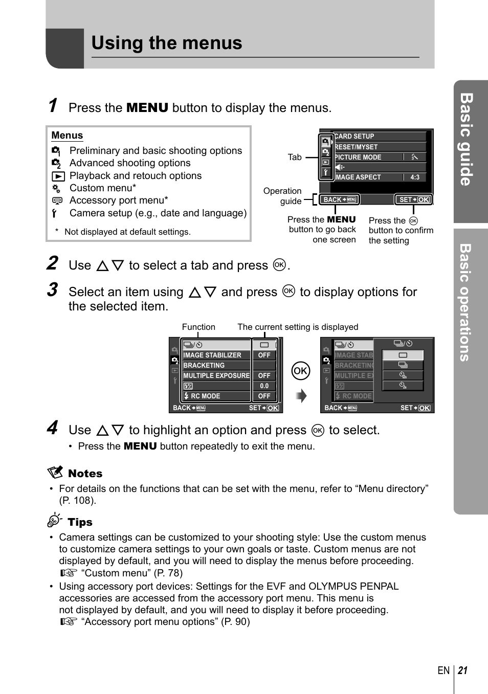Using the menus, Basic guide, Basic operations | Press the menu button to display the menus, Use fg to select a tab and press q | Olympus E-PL2 User Manual | Page 21 / 124