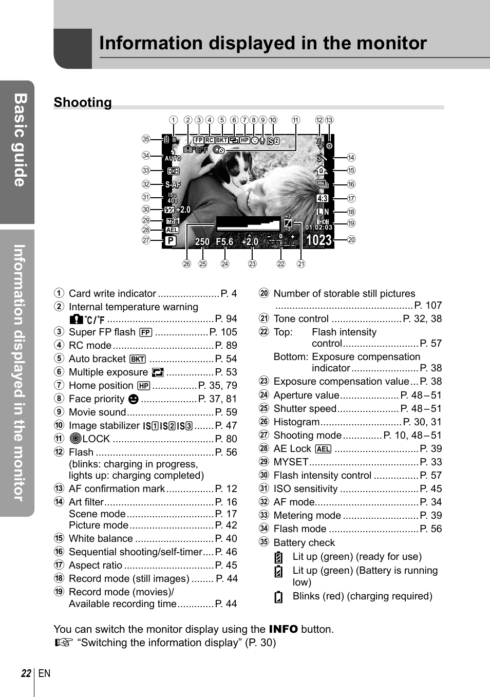 Basic guide, Information displayed in the monitor, Shooting | Olympus E-PL2 User Manual | Page 22 / 124