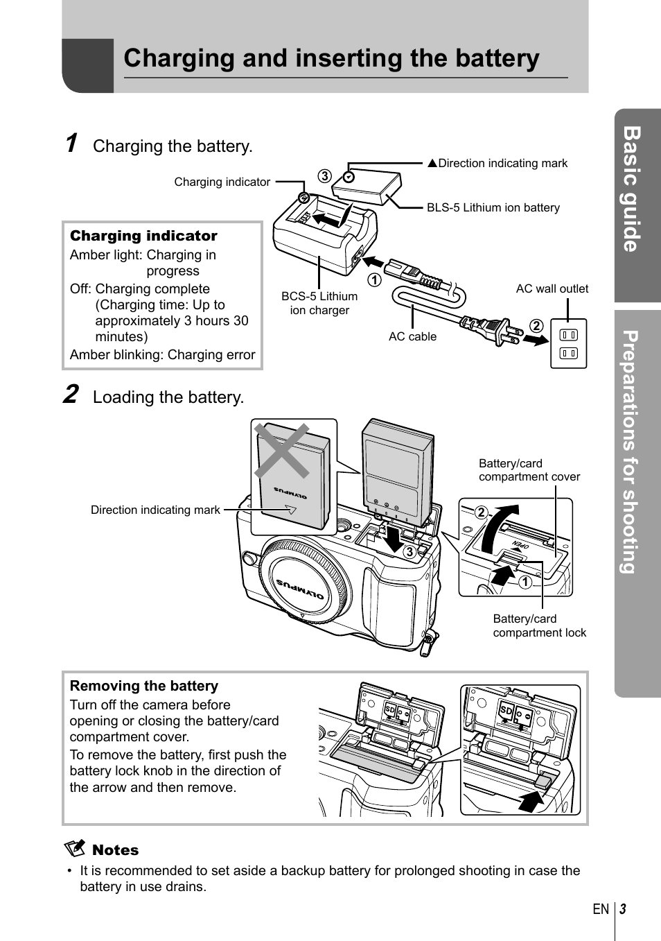 Basic guide, Charging and inserting the battery, Preparations for shooting | Olympus E-PL2 User Manual | Page 3 / 124