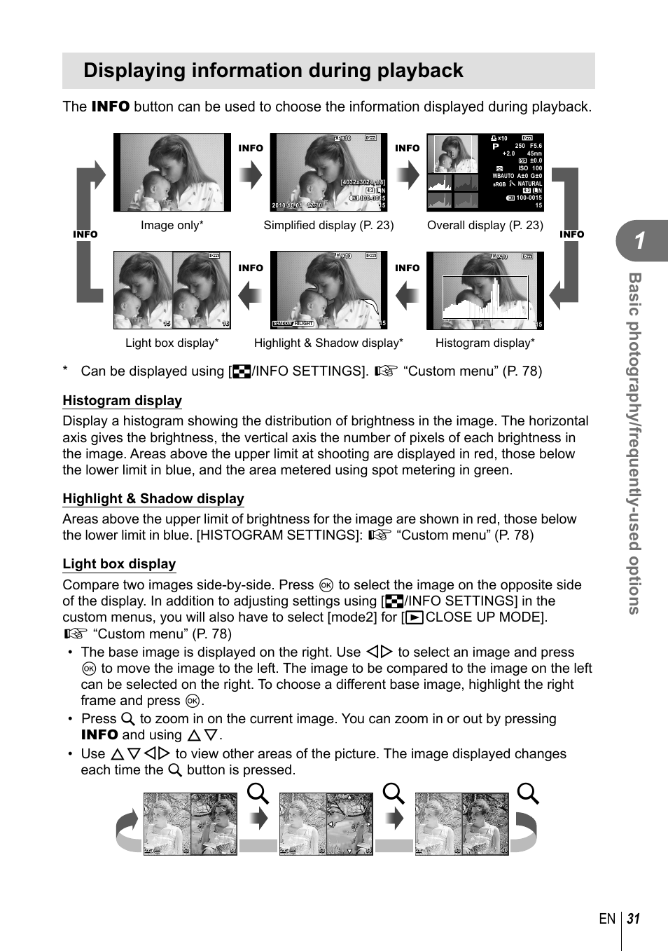 Displaying information during playback, Basic photography/frequently-used options, 31 en | Olympus E-PL2 User Manual | Page 31 / 124