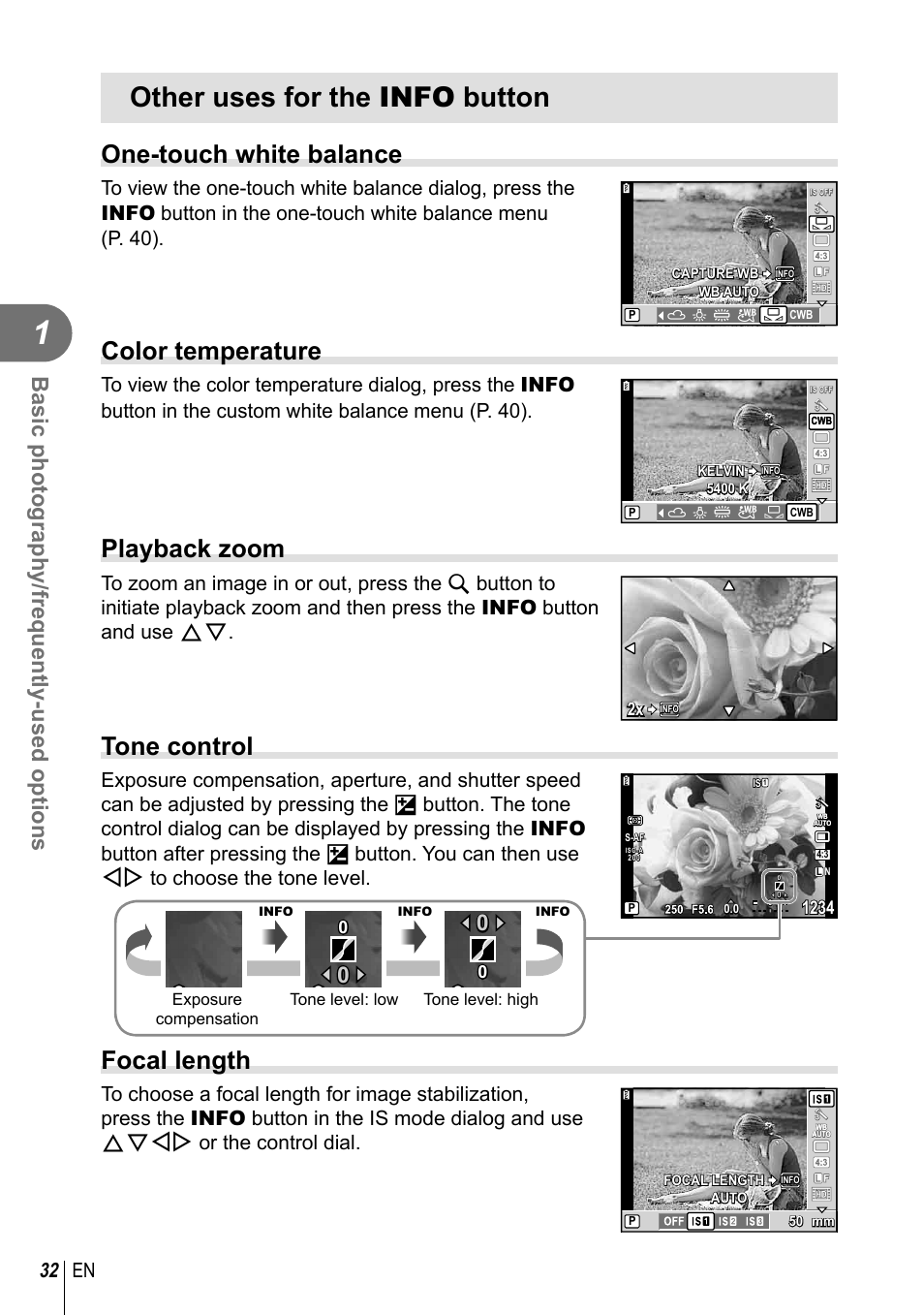 Other uses for the info button, One-touch white balance, Color temperature | Playback zoom, Tone control, Focal length, Basic photography/frequently-used options, 32 en | Olympus E-PL2 User Manual | Page 32 / 124
