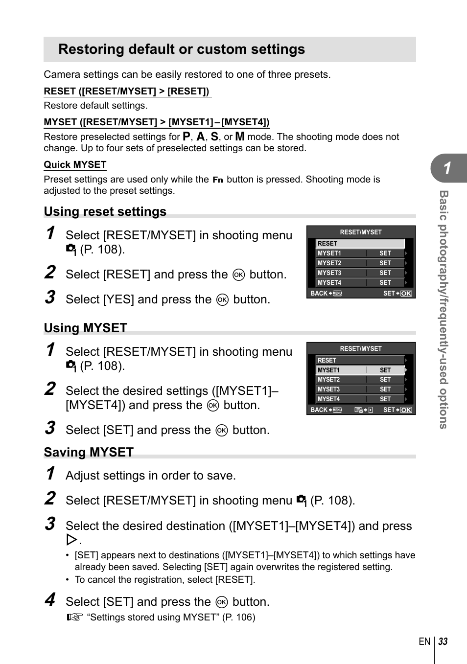 Restoring default or custom settings, Using reset settings, Using myset | Saving myset | Olympus E-PL2 User Manual | Page 33 / 124